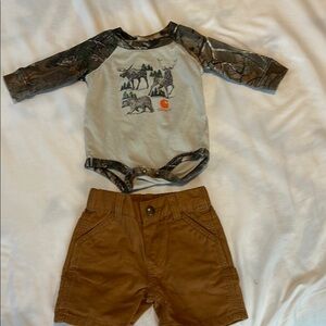 Carharrt Long Sleeve Onesie with Brown Shorts Size 3 Months